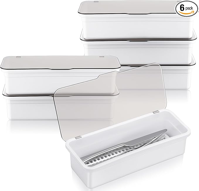 Remerry 6 Pcs Flatware Tray with Lid and Drainer, Plastic Utensil Organizer, Kitchen Cutlery Transparent Storage Box with Lid and Drain Rack, Drawer Tableware Storage Box for Home and Travel (White)