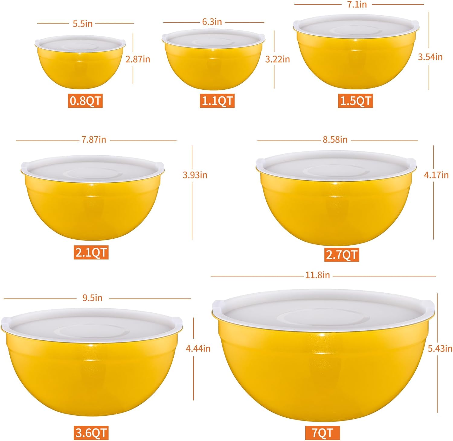 Yellow Mixing Bowls With Airtight Lids,Stainless Steel Bowl,Salad Bowls 7 Piece Colorful Nesting Bowl Yellow Kitchen Accessories,Size 7,3.6,2.7,2.1,1.5,1.1,0.8QT Stackable Design