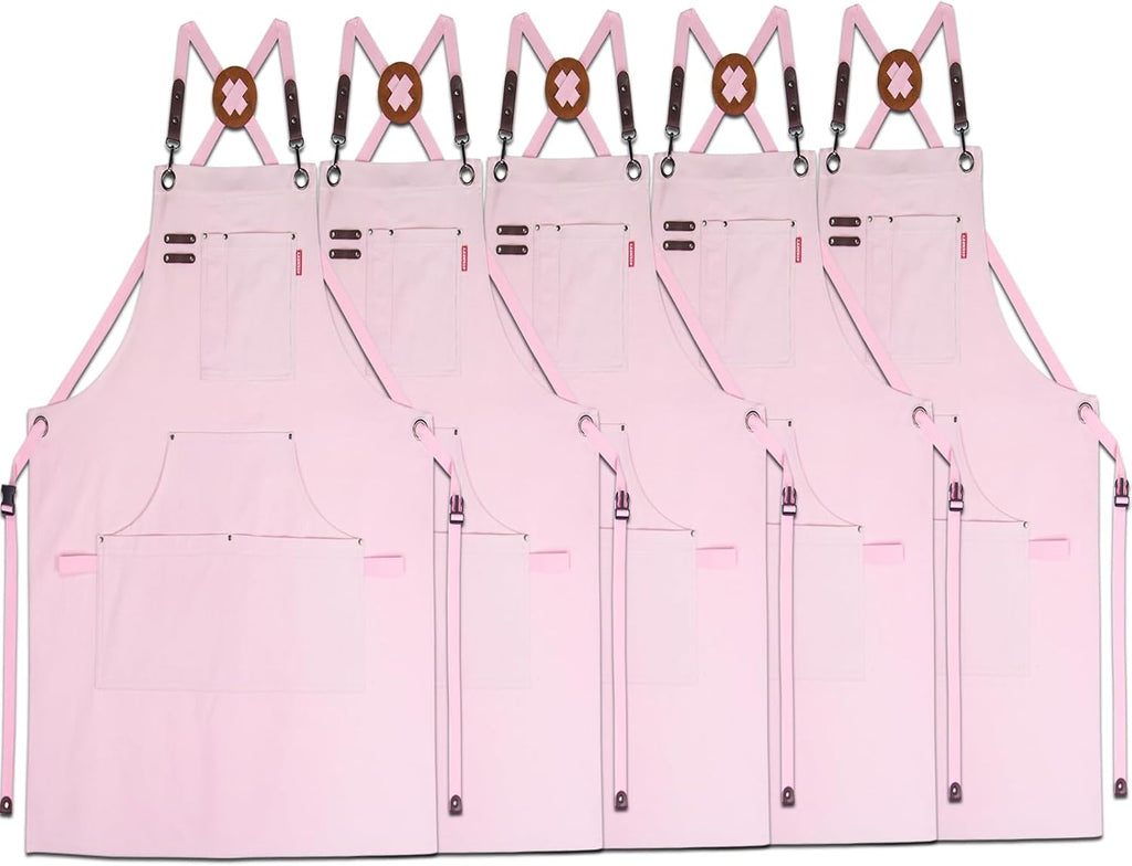 5 Pack Kitchen Apron, Work Apron, Canvas, Multiple Pockets, Gardening, Painting, BBQ, Artist, Carpenter, Sizes M to XXL, Pink