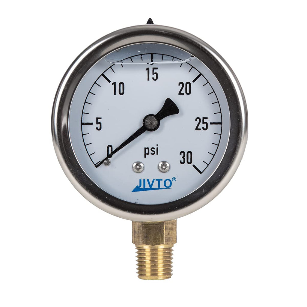 Pressure Gauge,Glycerin Liquid Filled,2.5" Dia,0-30 psi(Single Scale),1/4" NPT Brass Connection,Lower Mount, Stainless Steel Case,for Pneumatic,Pump,Hose,Well Tank,Gas Air Water Oil