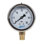 Pressure Gauge,Glycerin Liquid Filled,2.5" Dia,0-30 psi(Single Scale),1/4" NPT Brass Connection,Lower Mount, Stainless Steel Case,for Pneumatic,Pump,Hose,Well Tank,Gas Air Water Oil