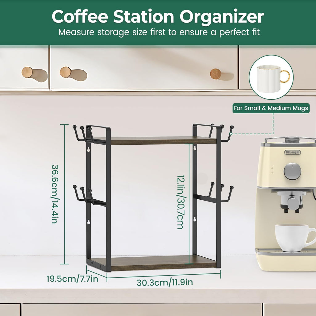 EsLuker.ly Coffee Station Bar Organizer Mug Holder Stand Countertop, 2 Tier Mug Cup Tree Rack for Kitchen Office, Storage Shelf with 12 Hooks, Creat Stylish Coffee Corner, Brown-Black