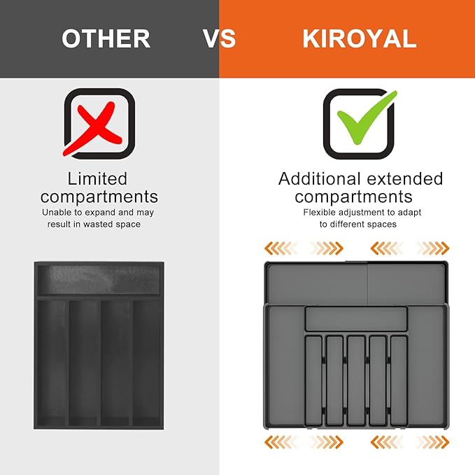 Silverware Organizer, Expandable Kitchen Drawer Organizer, Adjustable Cutlery Organizer, Forks, Knifes, Multipurpose Storage Divider(6-9 Slots), Large, Black