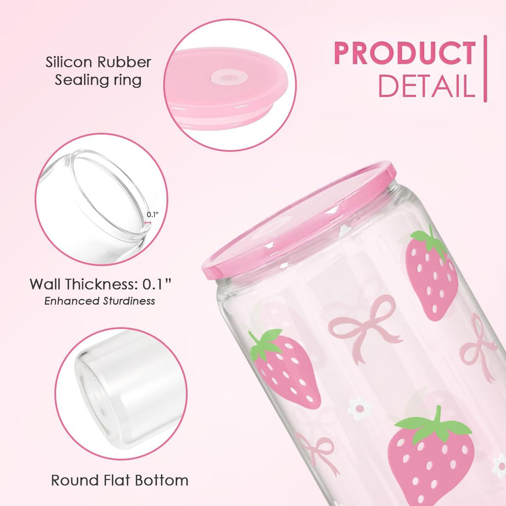 Strawberry 16 Oz Can Glass Tumbler with Acrylic Lid and Straw - Iced Coffee Cups for Women, Aesthetic Glass Cup Gift for Birthday Christmas