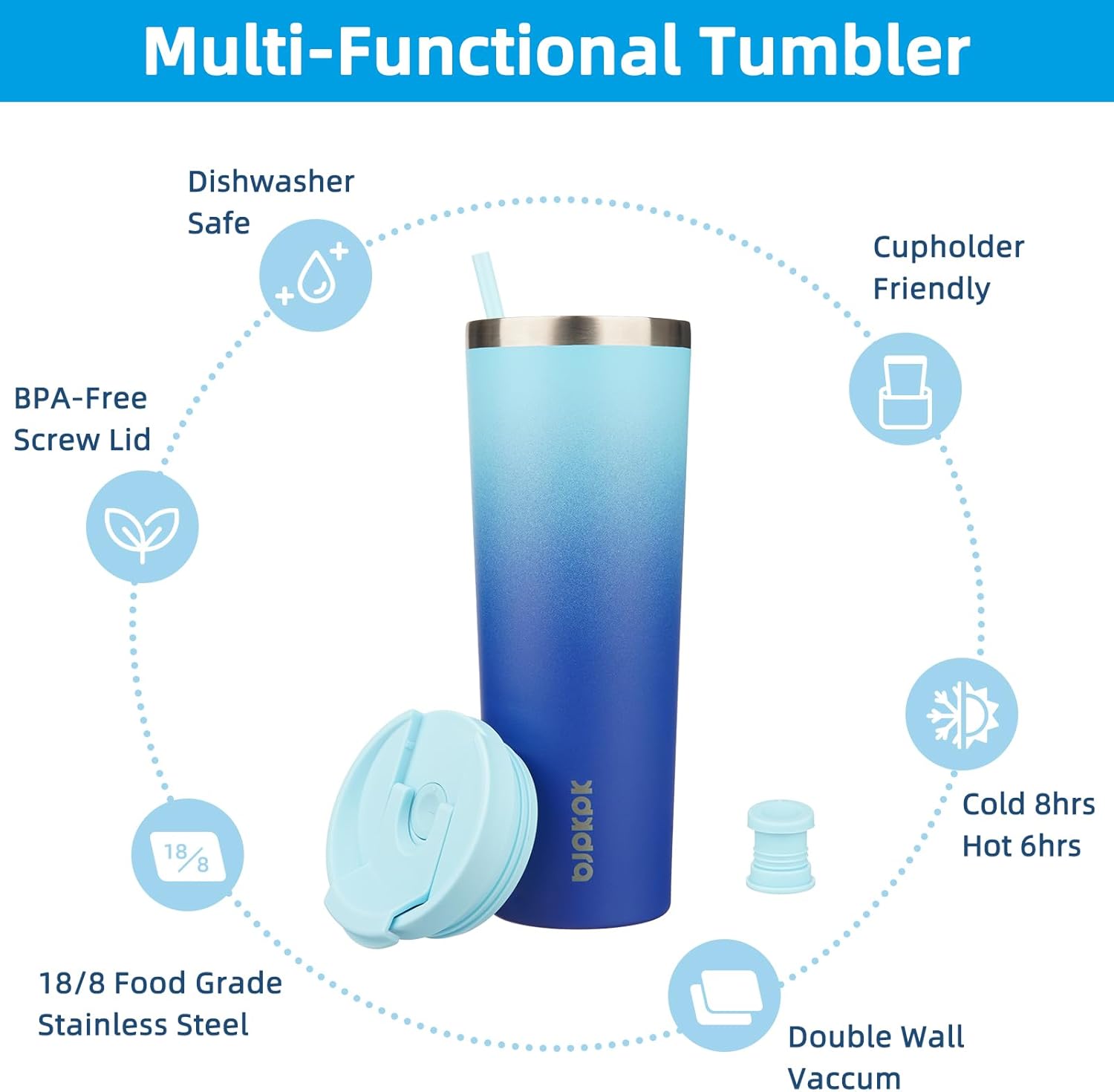 BJPKPK 30oz Insulated Tumbler With lid And Straw Stainless Steel Tumblers Travel Coffee Mug Reusable Thermal Cup,Sky