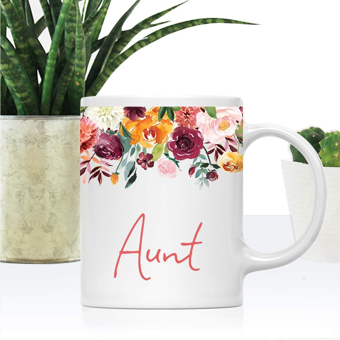 Andaz Press 11oz. Mother's Day Ceramic Coffee Tea Mug Gift, Fall Autumn Burgundy Orange Peach Flowers Roses Florals, Aunt, 1-Pack, Includes Gift Box, Birthday Christmas Gift Ideas
