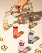 Saludi Colored Shot Glasses, 2oz (Set of 6) Multi-Color Glass with Wood Paddle - Luxury, Durable, Hand-Blown