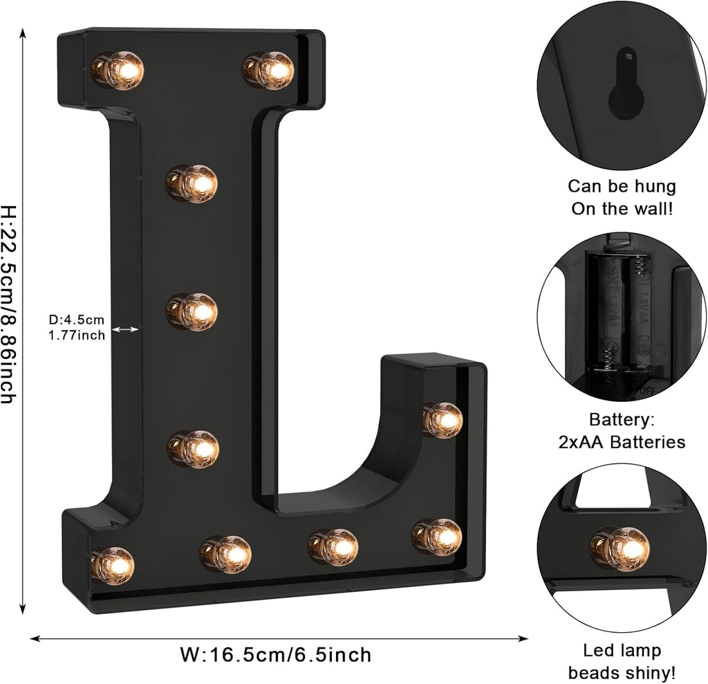 Foaky Black LED Letter Lights for Room Decor - Bedroom Wall Decor, Alphabet Lights for Home, Wedding, Party - Battery Operated （L）