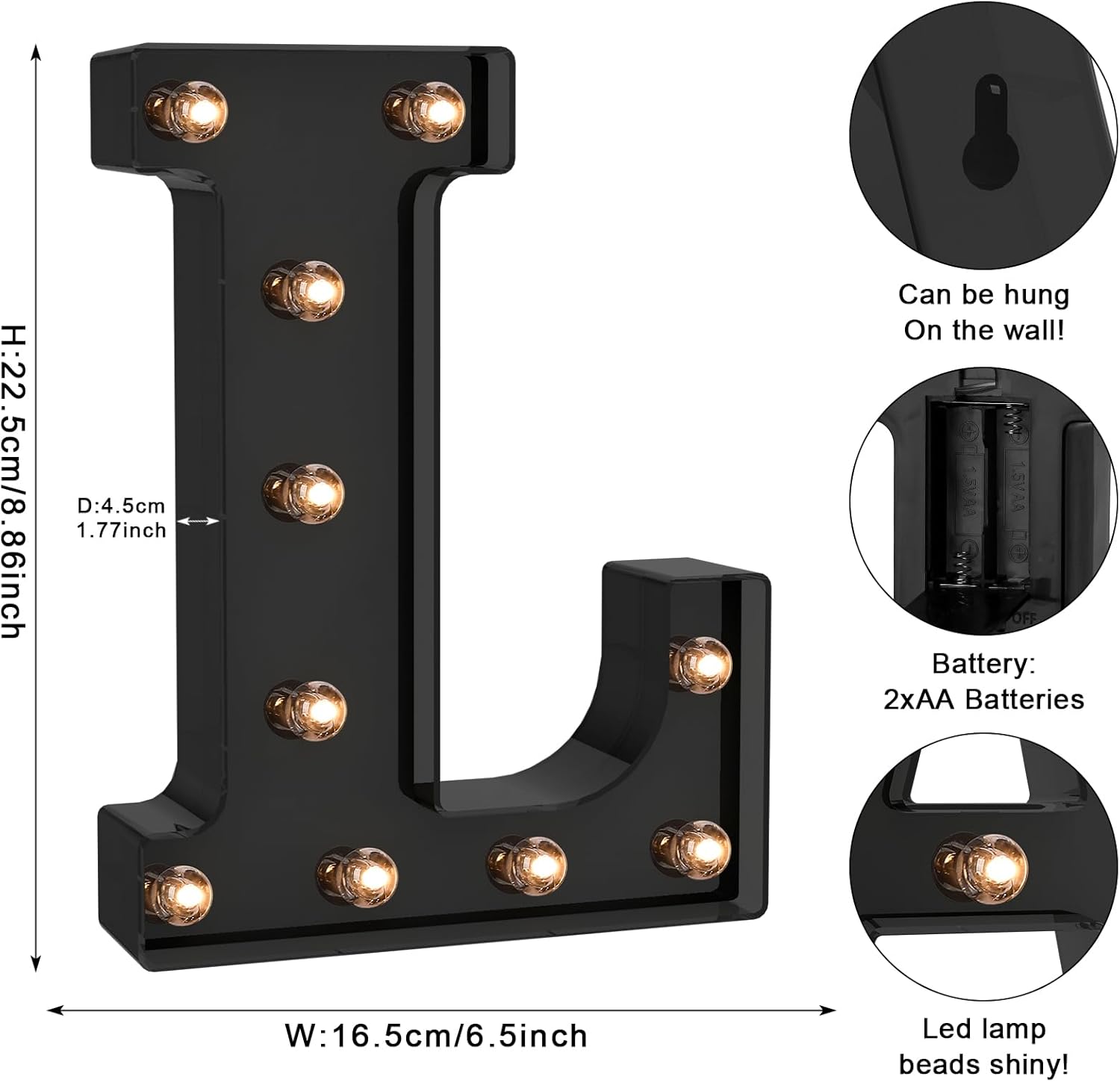 Foaky Black LED Letter Lights for Room Decor - Bedroom Wall Decor, Alphabet Lights for Home, Wedding, Party - Battery Operated （L）