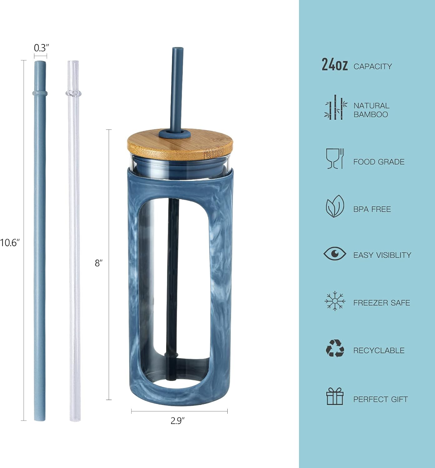 Kodrine 20oz Glass Tumbler with Straw and Lid, Iced Coffee Cups with Bamboo Lids, Glass Cups for Cold Drinks, Smoothie Cup with Silicone Sleeve for Travel, Work, BPA FREE-Blue