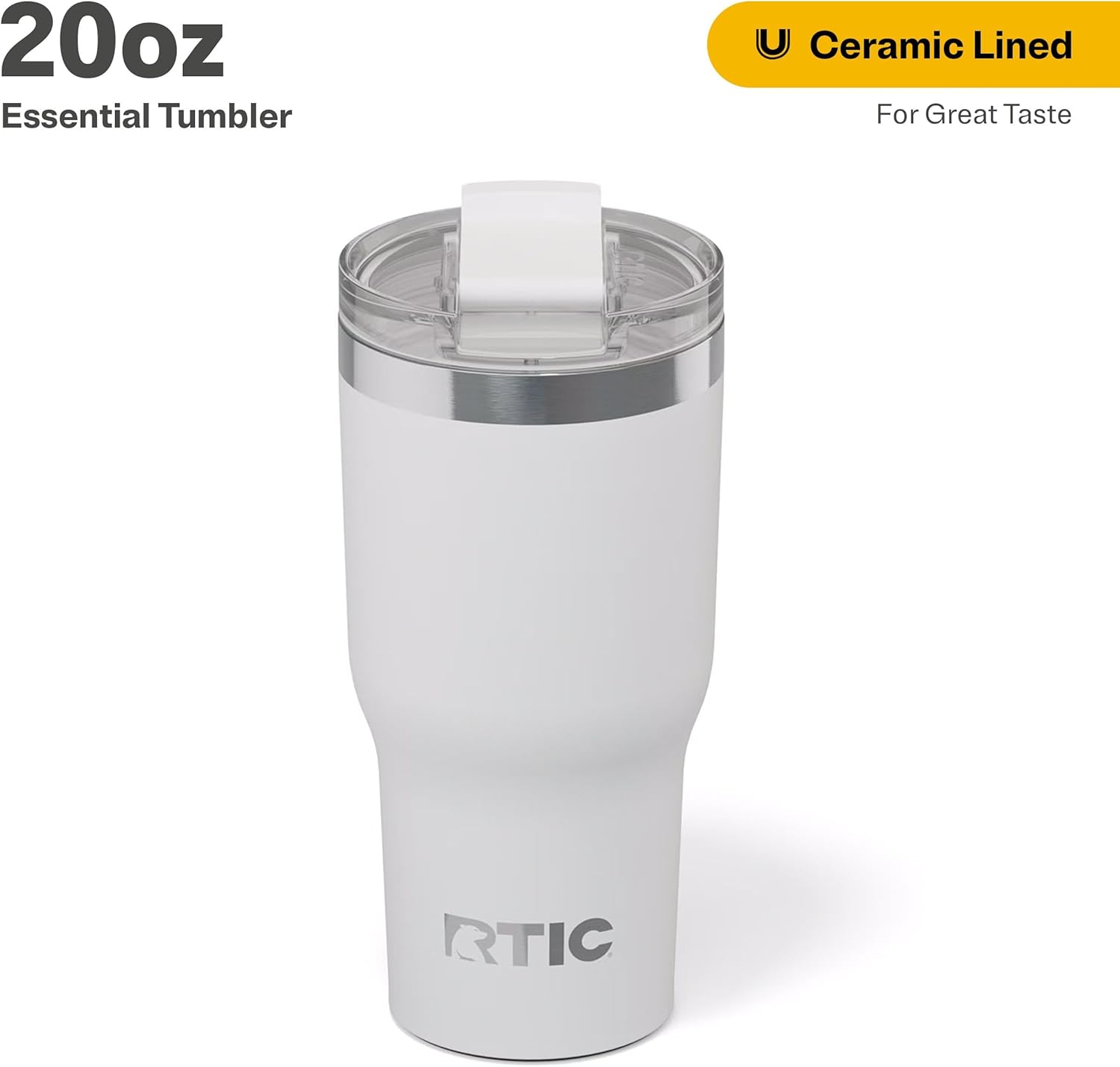RTIC 20oz Essential Tumbler with Lid, Insulated, Stainless Steel, Metal, Double Wall Vacuum-Insulation, Ceramic Lined, Travel Cup for Iced Coffee, Tea, Hot and Cold Drink, White