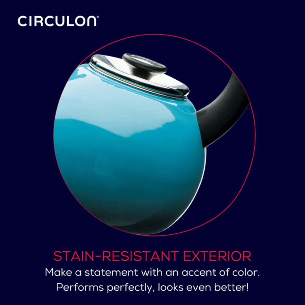 Circulon Enamel on Steel Whistling Teakettle/Teapot With Flip-Up Spout, 2 Quart - Turquoise Blue