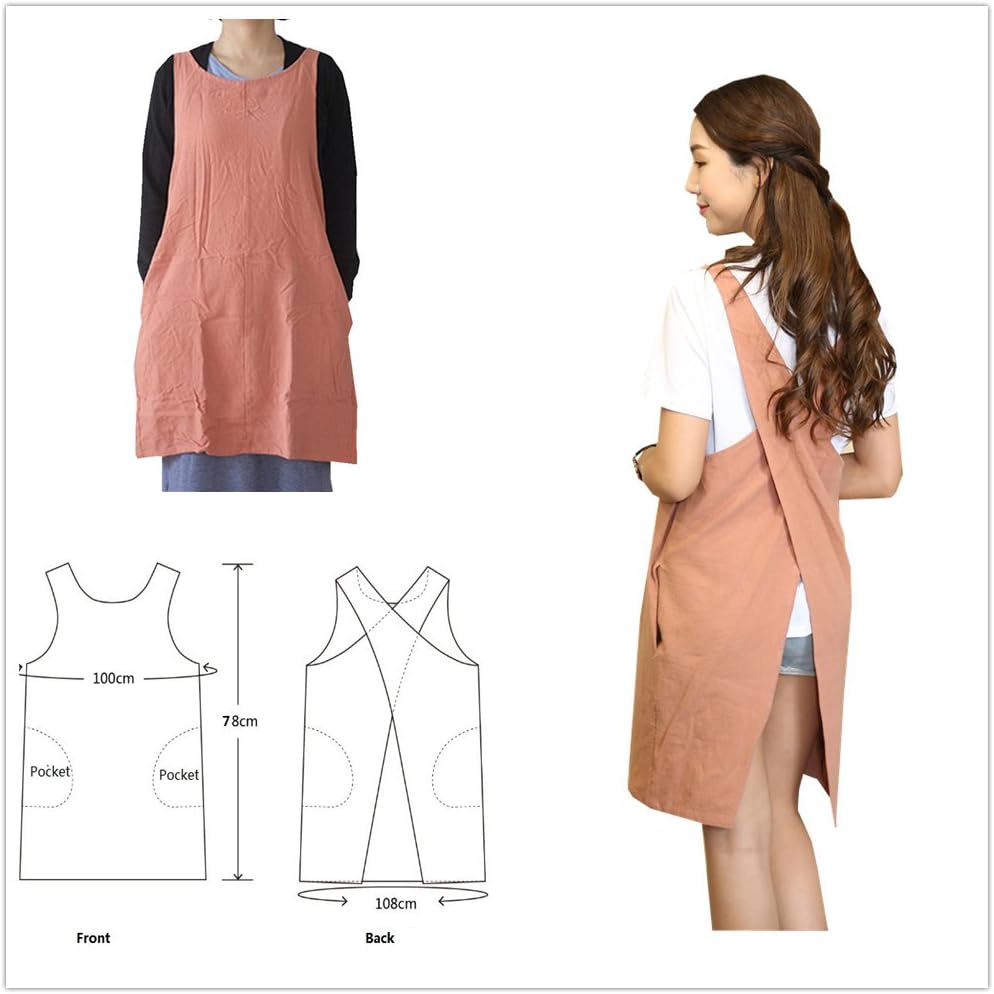 Cotton Linen Japanese Apron Halter Cross Back Bandage X Shape Aprons Two Pockets