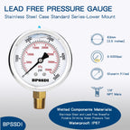 0-5000 Psi Glycerin Liquid Filled Hydraulic High Pressure Gauge, 2.5" Dial Size, 1/4" NPT Lower Mount, 304 Stainless Steel Case, for Water Oil Air Gas Pressure Test