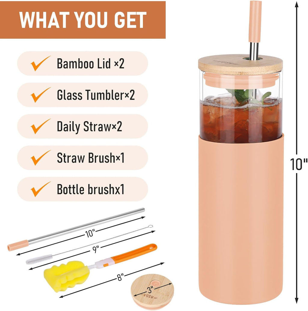 Glass Tumbler w/Lids & Straw - 24oz Reusable Glass Mug/Bamboo Lid & Stainless Steel Straw-BPA-Free,Leak-Proof,Dishwash Safe for Coffee/Smoothies/Hot Beverages, Travel/Office/Home Use,2-pk,Amber