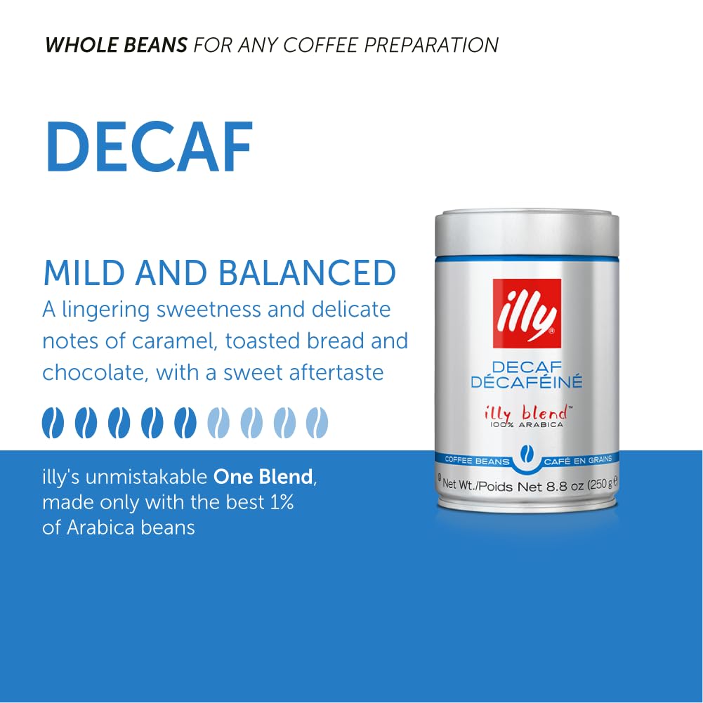 illy Whole Bean Coffee - Perfectly Roasted – Classico Decaf Roast - with Notes of Caramel, Toasted Bread & Chocolate - 100% Arabica Beans - No Preservatives – 8.8 Ounce, 6 Pack