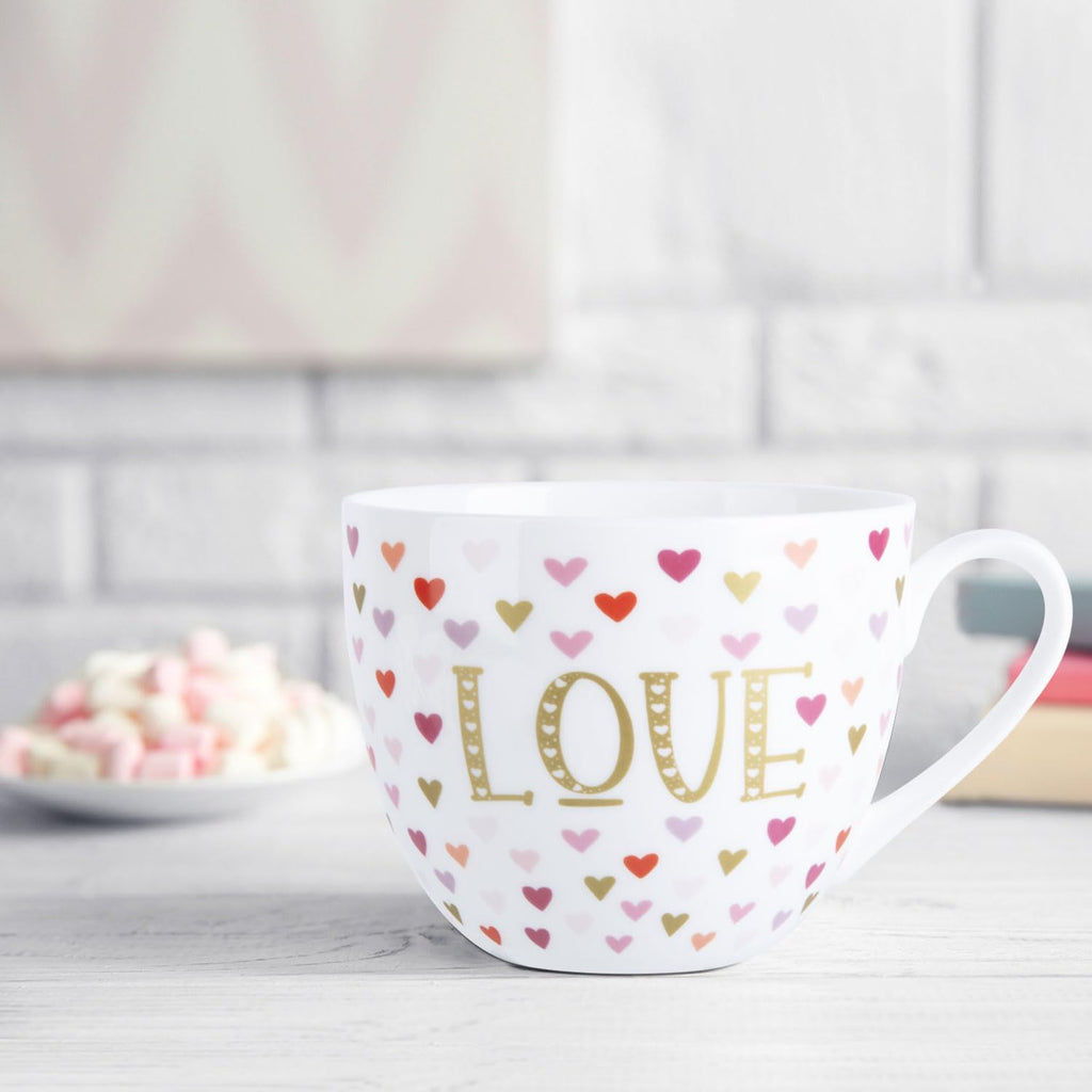 LOVE Mug with Hearts for Daily Coffee and Tea, Premium 20 oz Bone China Coffee Tea Hug Mug, Perfect Holiday, Valentine’s, and Birthday Gift for Loved Ones, Designed in England by Harvest Green Studio
