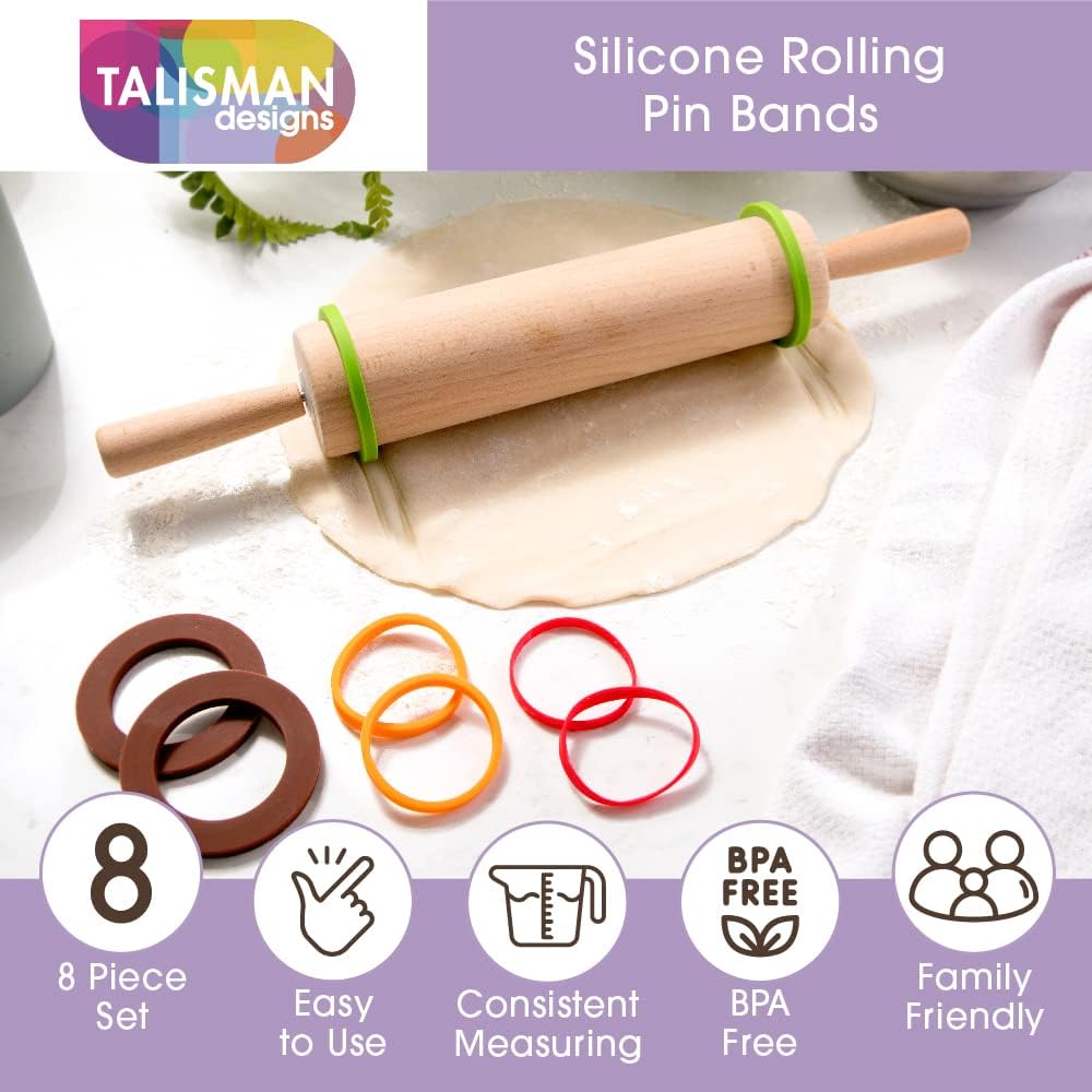 Talisman Designs Silicone Rolling Pin Bands | 8 Piece Set | Ensure Dough Thickness | Baking Accessories | Rolling Pin Thickness Rings