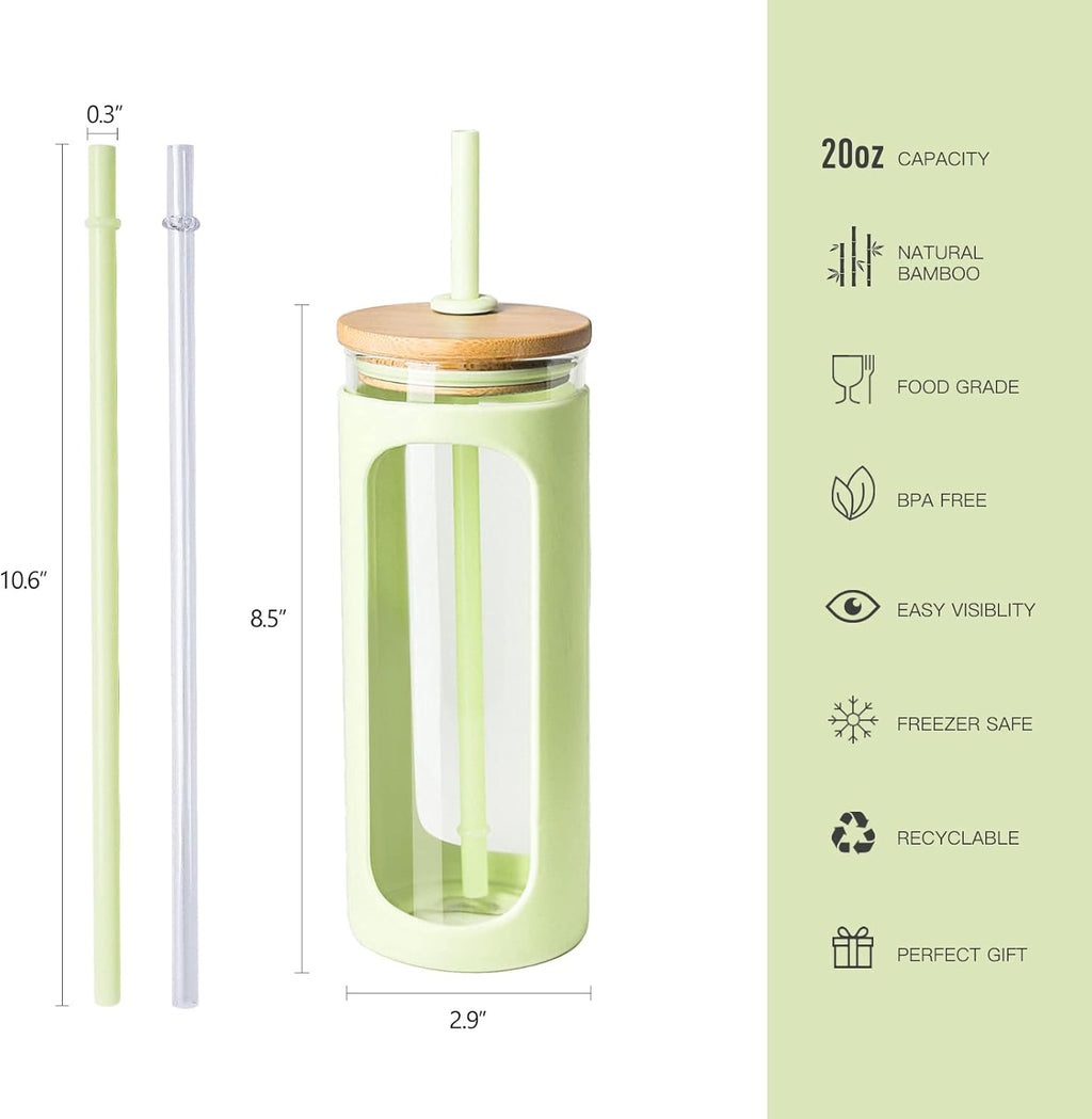Kodrine 20oz Glass Tumbler with Straw and Lid, Iced Coffee Cups with Bamboo Lids, Glass Cups for Cold Drinks, Smoothie Cup with Silicone Sleeve for Travel, Work, BPA FREE-MintCream