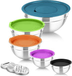 TeamFar Mixing Bowls with Lids, 5PCS Stainless Steel Metal Salad Bowl with 3 Grater Attachments, for Cooking, Prepping, Serving, Healthy, Airtight Lids & Easy Clean - 0.7/1 / 1.5/2.6/4.6QT