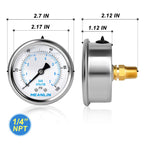 MEANLIN MEASURE 0~100Psi Stainless Steel 1/4" NPT 2.5" FACE DIAL Liquid Filled Pressure Gauge WOG Water Oil Air Back Mount (Pack of 2), with 1/2" NPT and 3/8" NPT Hex Bushing