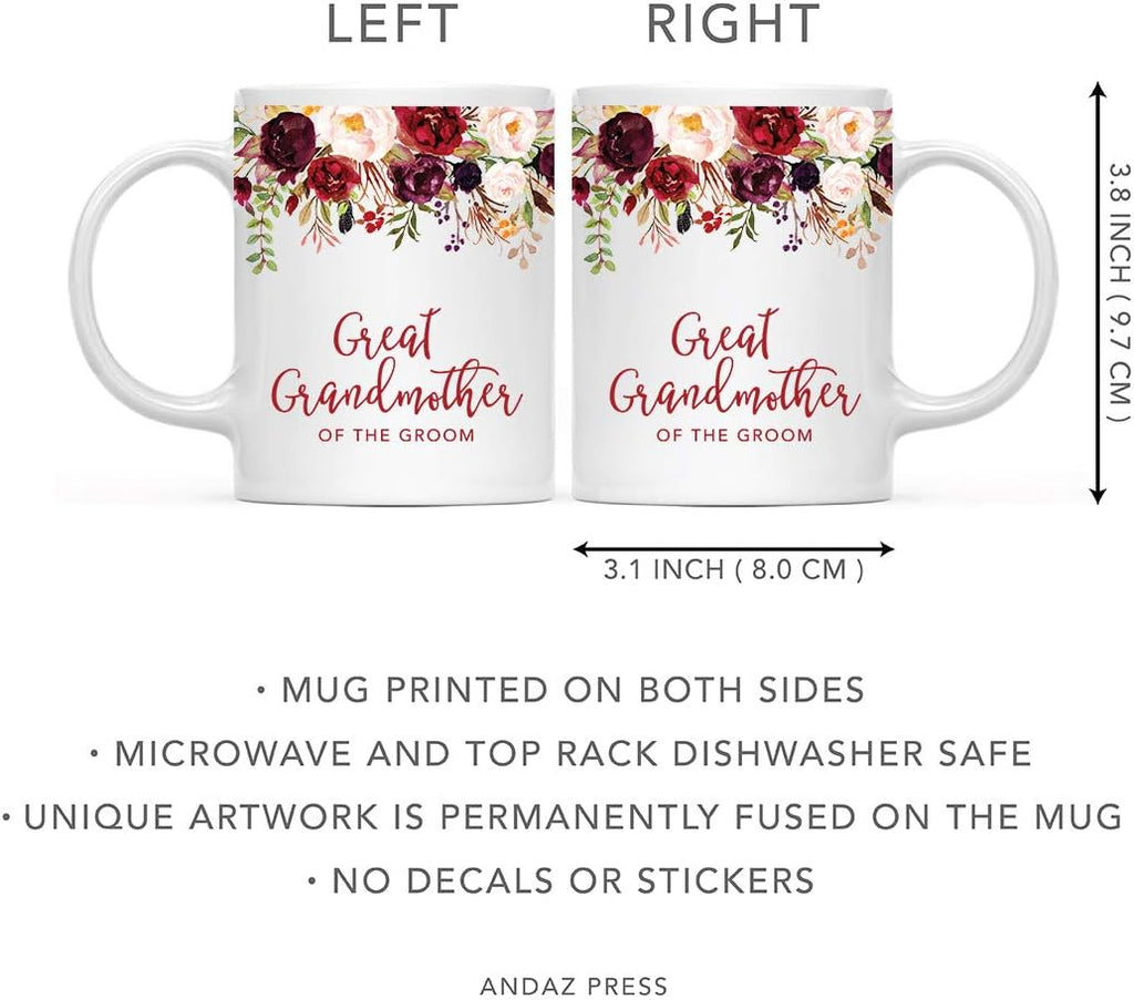 Andaz Press 11oz. Wedding Ceramic Coffee Tea Mug Gift, Fall Autumn Marsala Burgundy Flowers Roses Florals, Great Grandmother of the Groom, 1-Pack, Includes Gift Box