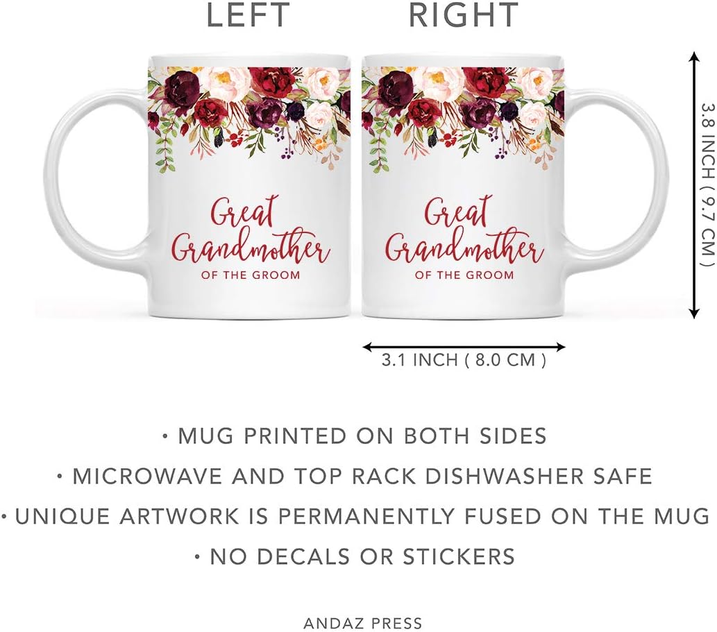 Andaz Press 11oz. Wedding Ceramic Coffee Tea Mug Gift, Fall Autumn Marsala Burgundy Flowers Roses Florals, Great Grandmother of the Groom, 1-Pack, Includes Gift Box