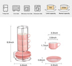 2.5 Ounce Porcelain Espresso Cups with Saucers and Silver Stand, Pink Stackable Cups Set of 4