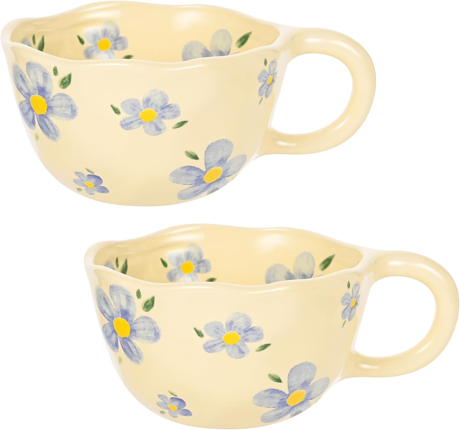 Ceramic Coffee Mug Set of 2 Vintage Flower Mugs 8 oz Cute Floral Coffee Mugs Irregular Latte Art Cup Lead-free Porcelain Cups for Cappuccino, Cocoa (2 Blue Flower)