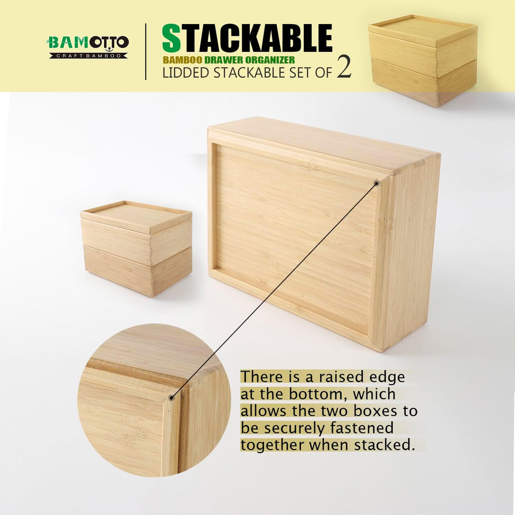 Stackable Bamboo Drawer Organizer Set – 2 Boxes with 1 Lid | Wood-Laminated Trays for Kitchen Utensils, Silverware & Flatware – Storage Fits Cabinets, Pantry, Bathroom & Office | 10.2"x7.3" (2-Pack)