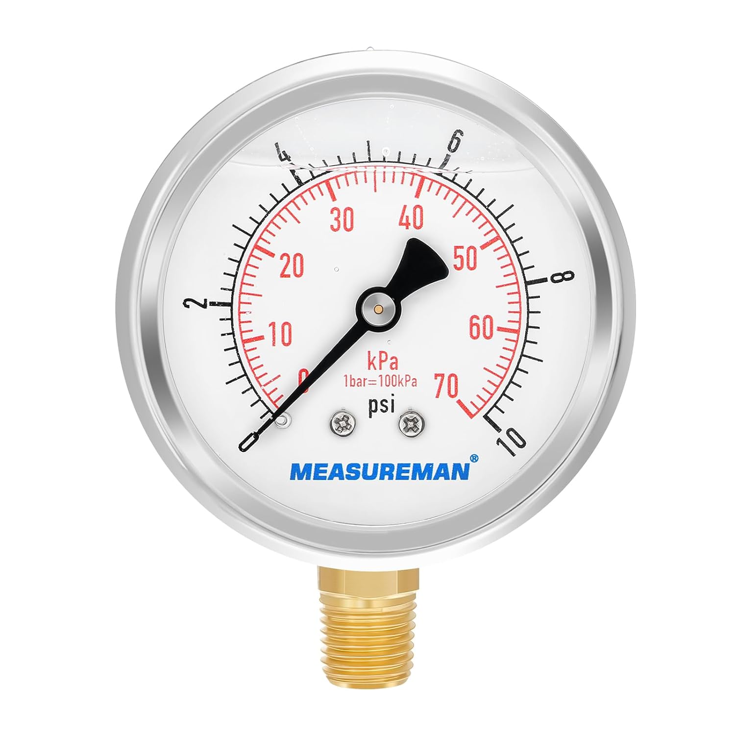 MEASUREMAN 2-1/2" dial,Glycerin Filled, Stainless Steel case, Brass Inside, 0-10psi/kpa,1/4" NPT Lower Mount