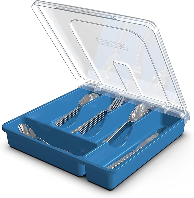 Silverware Tray with Lid, Utensil Holder for Kitchen Counter Plastic Flatware Organizers and Storage holder 5 Compartments Blue