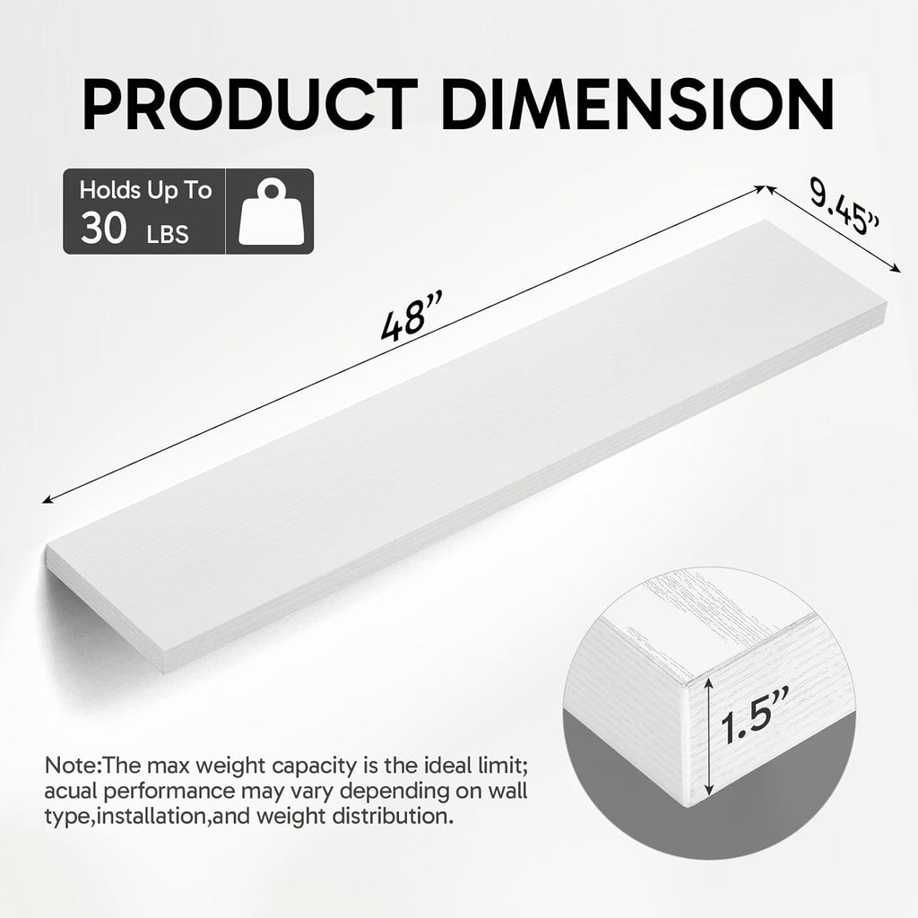 BAYKA Floating Shelves, 48" Wall Mounted Rustic Wood Shelves for Bathroom, Bedroom, Living Room, Kitchen, Office, Hanging Shelf for Books/Storage/Decor(White,Set of 2)