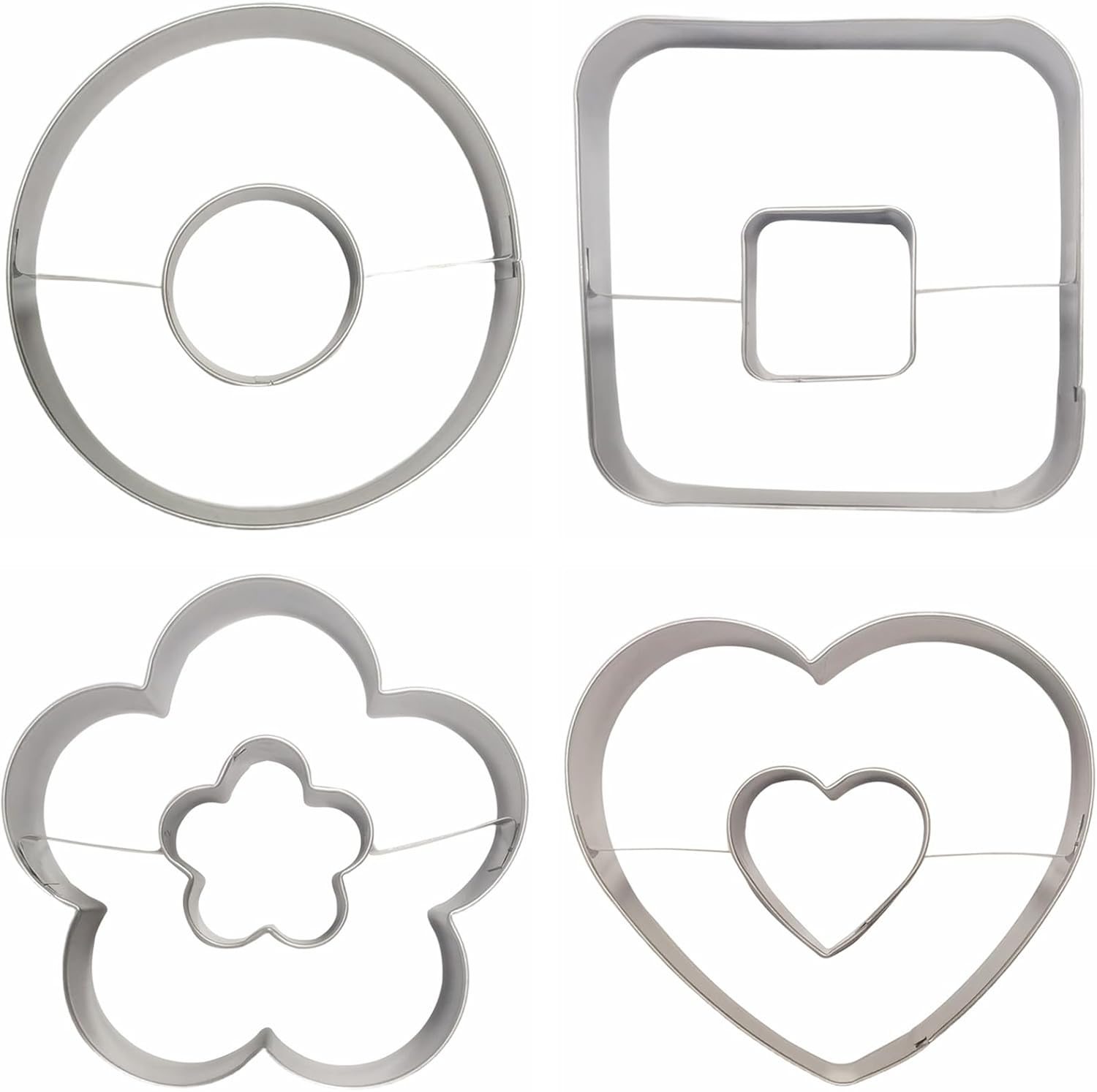 Large Size Donut Design Cookie Cutters Set of 4 pcs, Stainless Steel 4 Shapes Cream-filled Doughnut Fondant Cutter Molds Baking DIY (Round + Square + Heart + Flower)