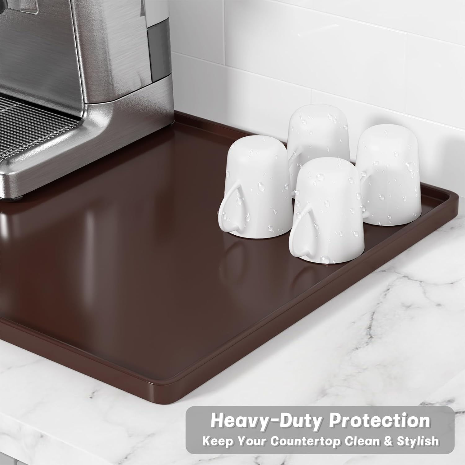 Rnivvi Silicone Coffee Mat, 16" x 24" Waterproof Raised Edge Coffee Bar Mats for Espresso Machine Station Accessories, Heat Resistant Dish Drying Pad for Kitchen Counter, Rubber Bar Decor Pad, Brown