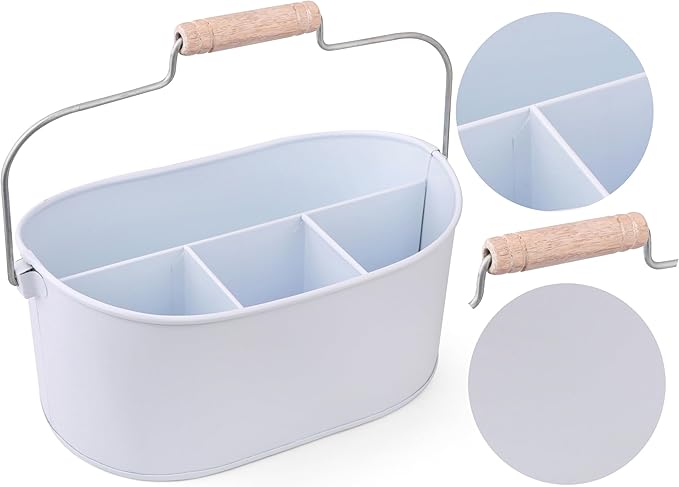 Alpha Living Home Farmhouse 4-Section Galvanized Utensil Caddy - Versatile Organizer for Kitchen, Party & Outdoor Events Rustic Silverware Holder, Cutlery Organizer, Picnic (White)