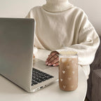 Heart 16oz Can Glass Tumbler with Acrylic Lid & Straw, Iced Coffee Cup for Women, Aesthetic Cups Gifts for Birthday Christmas Valentine