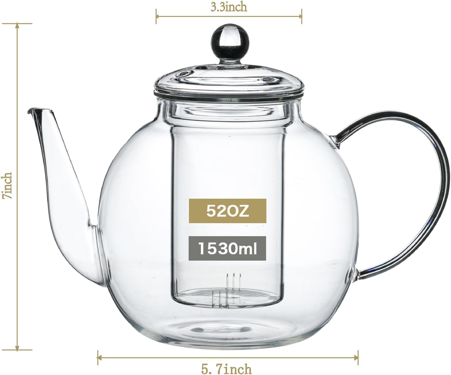 1530 ml/52 oz Large Glass Teapot with Removable Infuser, Clear Tea Kettle Stovetop Safe for Loose Leaf and Blooming Tea, Tea Lover's Choice