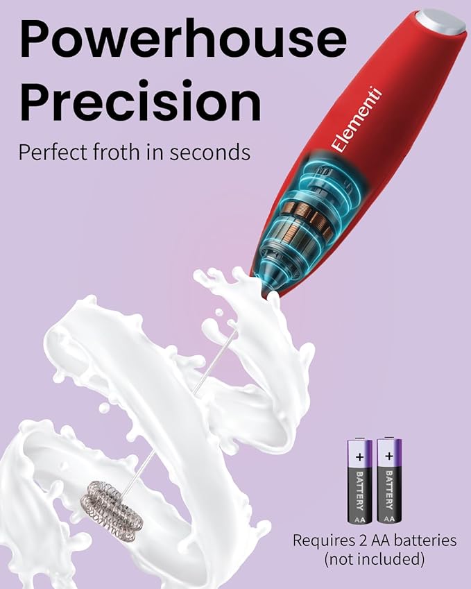 Elementi Milk Frother Handheld Double Whisk - Coffee Frother Electric Stirrer - Matcha Whisk & Drink Mixer Handheld - Hand Held Mixer Wand (Red)