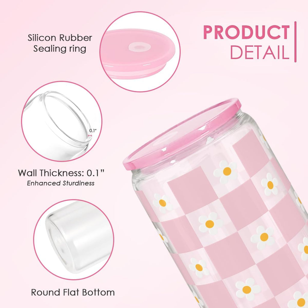 SANDJEST Checkerboard Daisies Glass Can, Floral Checker Cup with Lid & Straw, Iced Coffee Aesthetic Cups, Gift for Christmas Birthday Mother Day, Gifts for Women, 16oz
