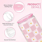 SANDJEST Checkerboard Daisies Glass Can, Floral Checker Cup with Lid & Straw, Iced Coffee Aesthetic Cups, Gift for Christmas Birthday Mother Day, Gifts for Women, 16oz