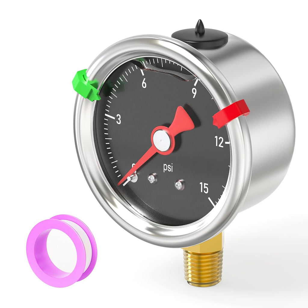 0-15PSI Stainless Steel Glycerin Filled Pressure Gauge 1.5" Black Dial Size, 1/8" NPT Lower Mount, for Tube, Water Pump, Gas, Liquid, Pressure Test (with Range Mark Pointer)