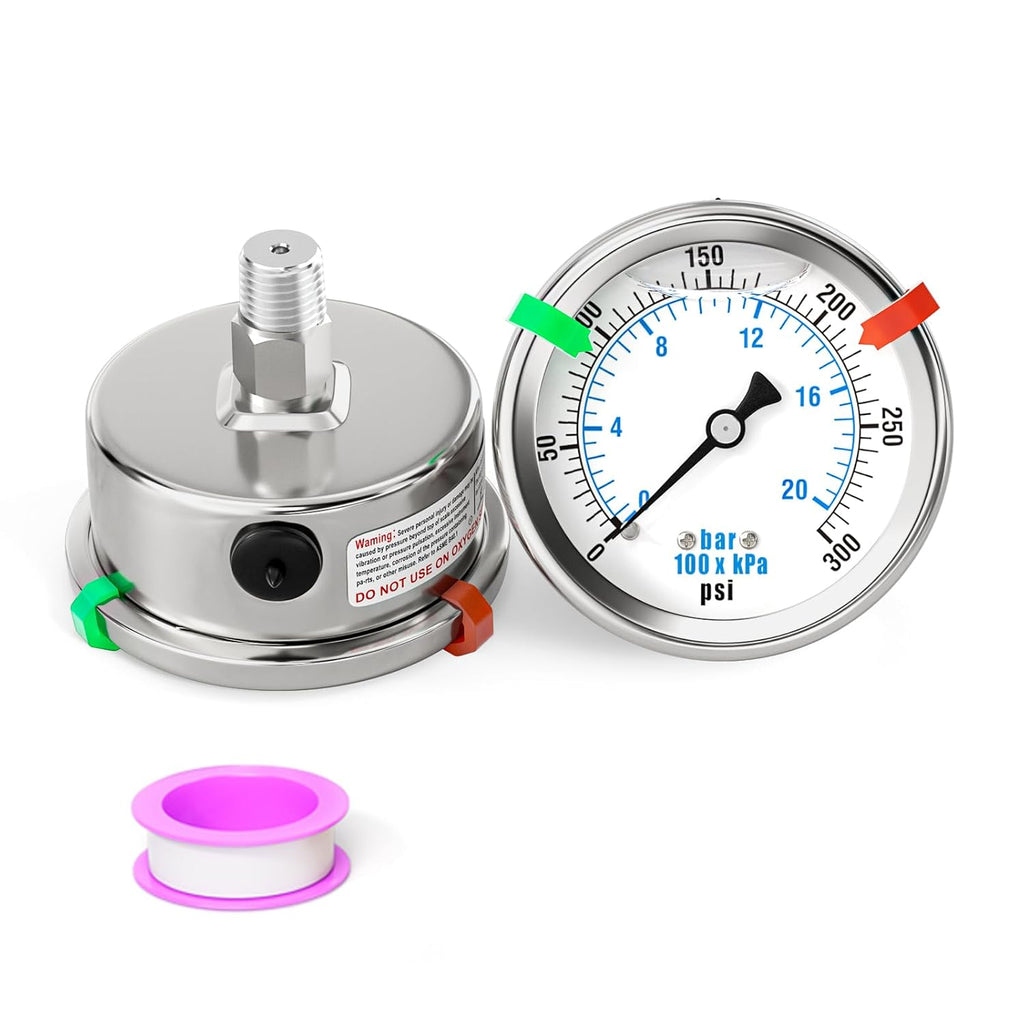 0-300PSI Stainless Steel Liquid Filled Pressure Gauge, 2.5" Dial Size, 1/4" NPT 316 Stainless Steel Joint, Back Mount, for Tube, Water Pump, Gas, Liquid (with Range Mark Pointer)