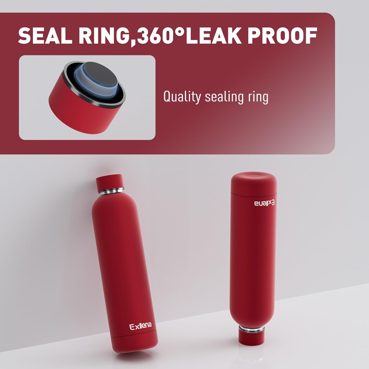 Slim Insulated Water Bottles for Travel 32oz with Clip, Double Wall Vacuum Stainless Steel Water Bottle Keeps Drinks Cold 24 Hrs/Hot 12 Hrs, 100% Leakproof, BPA Free（Red）