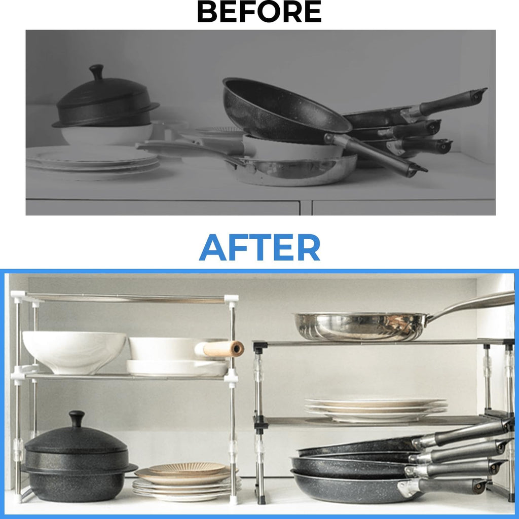 carrotez 2 Pack Expandable Cabinet Organizer, Set of 1 Width & Height-Adjustable Kitchen Cabinet Organizer Shelf, Stackable Kitchen Counter Shelf, 11.8~19.6 x 7.8 x 5.9~9" Black