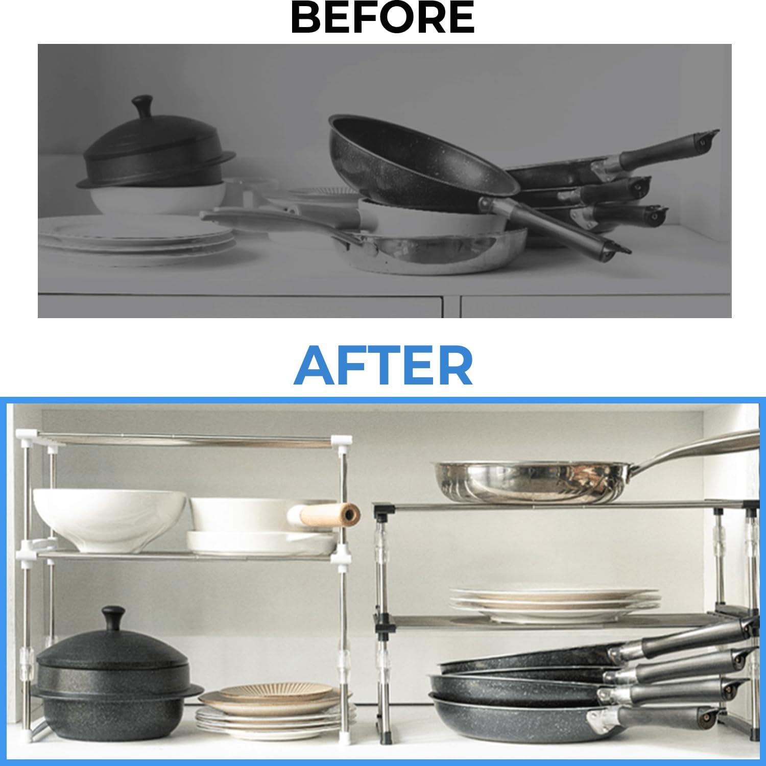 carrotez Expandable Cabinet Organizer, Set of 1 Width & Height-Adjustable Kitchen Cabinet Organizer Shelf, Stackable Kitchen Counter Shelf, 11.8~19.6 x 7.8 x 5.9~9" Black