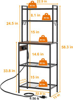 S1 Kitchen Bakers Rack with Power Outlet, Microwave Stand with Storage 5-Tiers, Freestanding Coffee Bar Table with 4 Hooks, Kitchen Storage Shelf 13" D x 22.9" W x 58.3" H, Rustic Brown