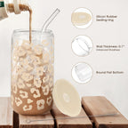 SANDJEST Leopard Glass Can, Beige Leopard Print Cup with Lid & Straw, Iced Coffee Aesthetic Cups, Gift for Christmas Birthday Mother Day, Gifts for Women, 16oz
