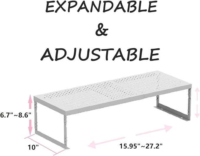 Stackable Expandable Metal Shelf Organizer - Adjustable Wire Storage Rack with Holes for Kitchen, Bathroom, Cabinet, Office - Space Saving, Durable & Sturdy Design（2PACKS/Large/White