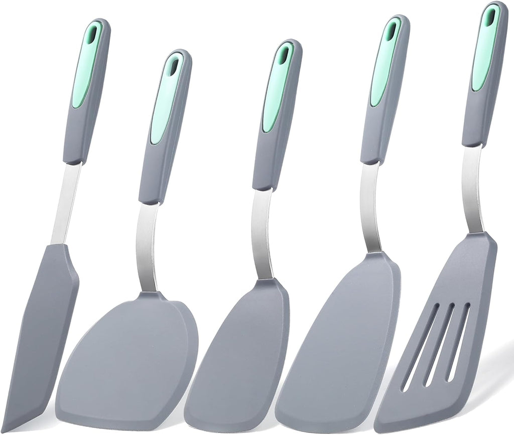 To encounter 5 Pieces Silicone Spatula Set, Non-Stick Silicone Turner Spatulas, Heat Resistance Cooking Utensils, Flip Turner for Fish, Egg, Pancake, Light Grey